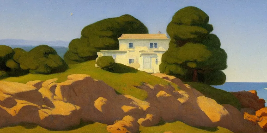 Image similar to a beautiful landscape painting of a rocky outcrop on the coast with a tree next to a house, by edward hopper, oil on canvas, highly detailed, hd, 4 k