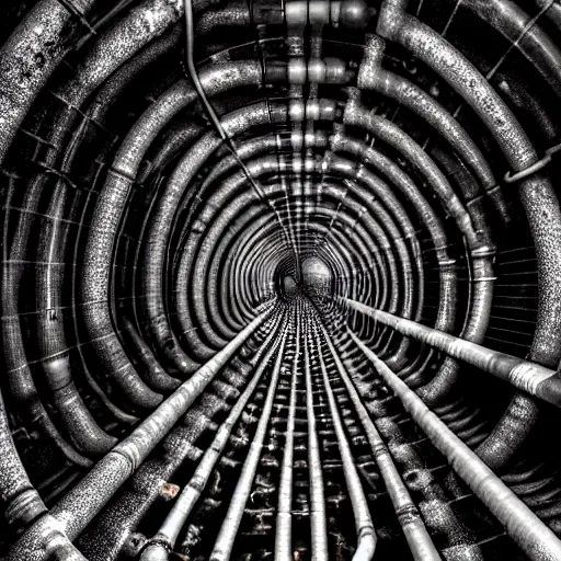 Prompt: a tunnel of leaky pipes and tubes, stretching out into an infinite abyss, broken, sewer, dark atmosphere, horror, unsettling, 4 k, high definition, intricate detail, chaotic,