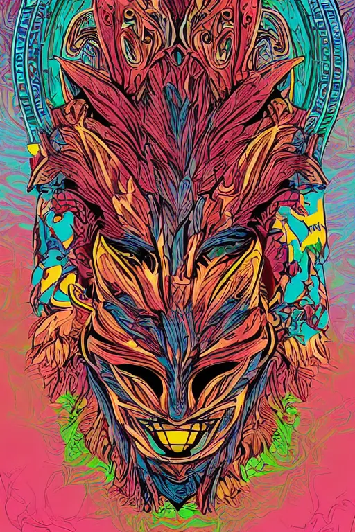 Image similar to animal mask totem roots flower tribal feather gemstone plant wood rock shaman vodoo video game vector cutout illustration vivid multicolor borderlands comics by josan gonzales and dan mumford radiating a glowing aura