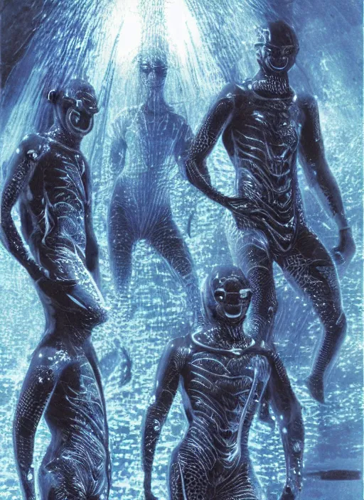 Image similar to astronauts divers in dark void underwater - complex and hyperdetailed technical suit design. reflection and dispersion materials. rays and dispersion of light. volumetric light. f / 3 2. noise film photo. flash photography. ultra realistic, 5 0 mm. poster by wayne barlowe, hajime sorayama aaron horkey, craig mullins