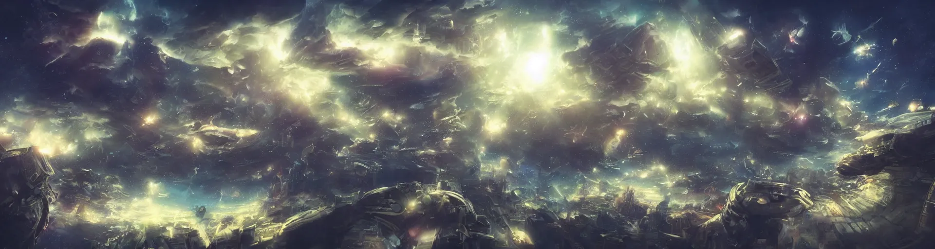 Prompt: city floating in space, lots of spacecraft flying to and from. beautiful nebulae clouds. detailed fantasy art. concept art. dramatic lighting.