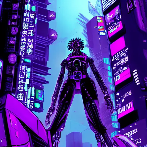 Image similar to Giant Purple Amethyst in cyberpunk neon Tokyo in style of Tsutomu Nihei. Cyberpunk, vertical symmetry, 8K, Highly Detailed, Intricate.