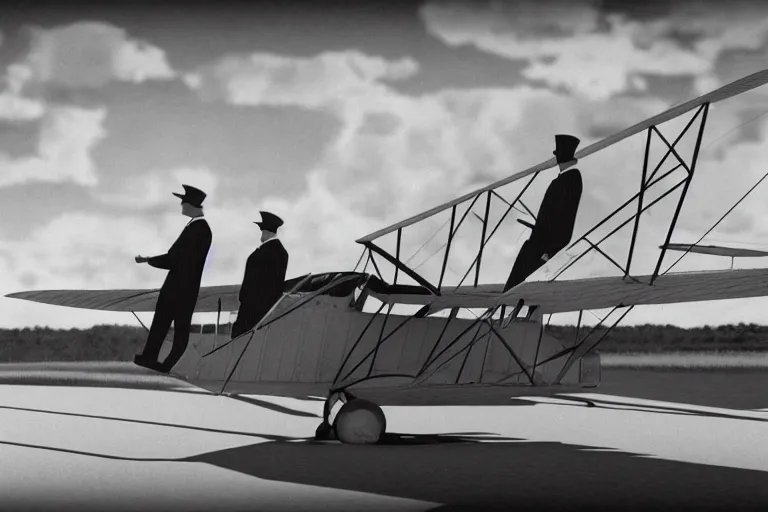 Image similar to still photo of the wright brothers taking off an airplane for the first time, black and white color photograph, highly detailed, photorealistic shot, bright studio setting, studio lighting, crisp quality and light reflections, unreal engine 5 quality render