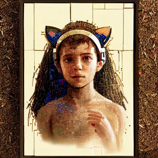 Image similar to mosaic portrait of a beautiful young girl with robot ears falling into the sun by greg rutkowski, 4k, intricate details, dichotomy