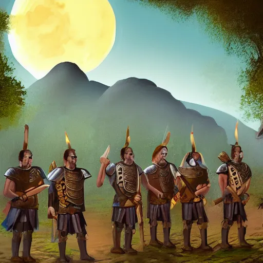Image similar to A group of armoured Spanish conquistadors holding torches on a sandy beach Cove in middle of a magical forest in a dark night. Inca ruins in the background. Pale crescent moon in the sky. detailed digital painting, artstation