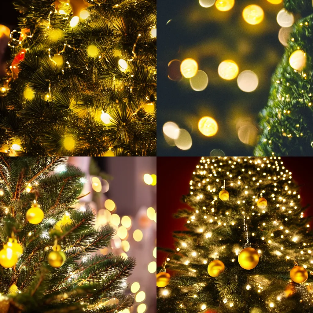 Prompt: close - up of a christmas tree with yellow lights in portrait mode