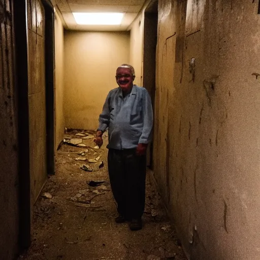 Image similar to an smiling old man in an abandoned hallway at night