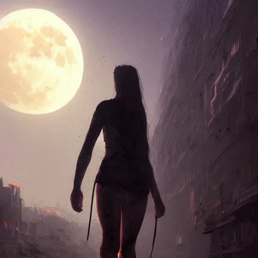 Prompt: A portrait of a teenage girl, ruins of a destroyed city, yellow-red full moon on background, techwear, dark, atmosphere, natural volumetric light, intricate, highly detailed, digital painting, concept art, sharp focus, illustration, art by greg rutkowski, matte painting, trending on artstation