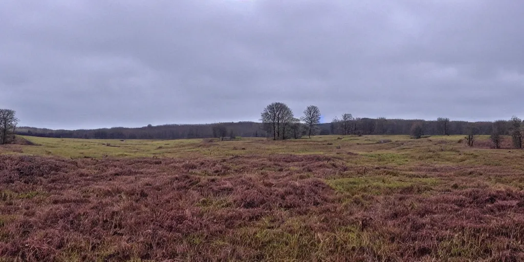 Prompt: Dutch moor field, slightly hilly, small forest in the background. Overcast day