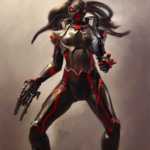 Image similar to greg manchess portrait painting of an armored dark female iron spiderman as overwatch character, medium shot, asymmetrical, profile picture, organic painting, sunny day, matte painting, bold shapes, hard edges, street art, trending on artstation, by huang guangjian, gil elvgren, ruan jia, greg rutkowski, gaston bussiere