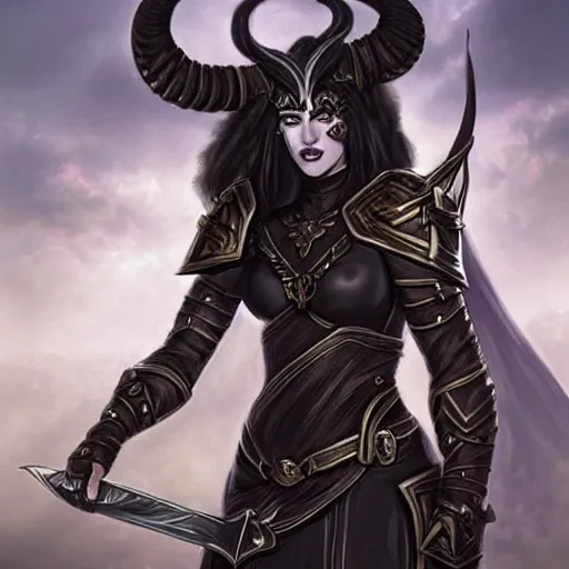 Prompt: portraif of a beautiful female tiefling from dungeons and dragons wearing armor, black long hair, intricate details,