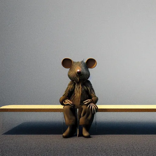 Image similar to a sad anthropomorphic rat, octane render, 3 d, sad, lonely, moody lighting, wearing gold jewellery, wearing a fur coat, in the rain, at night, sitting on a park bench