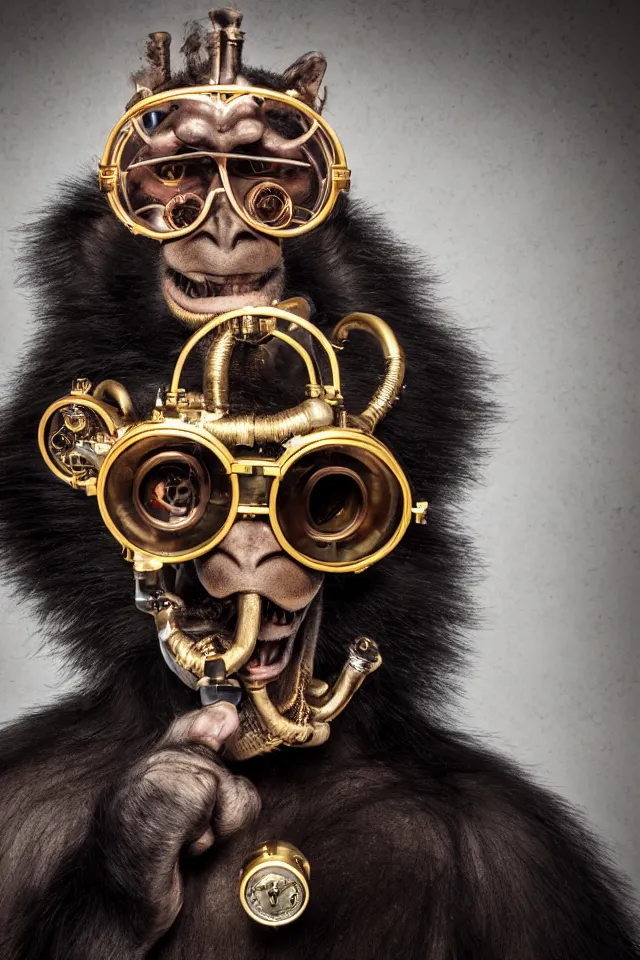 Prompt: portrait photograph a super villain with a monkey mask and steampunk glasses, hyper detailed, medium shot, dark background, lit from above,