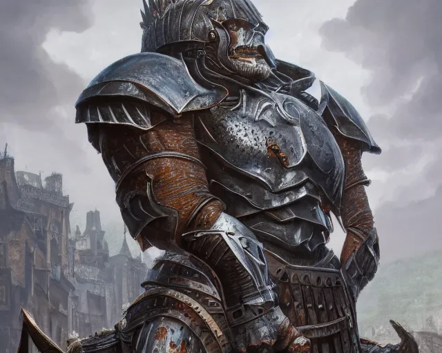 Prompt: a highly detailed full body portrait painting of a muscular beautiful goliath in daedric - armor, poising for the camera, on an medieval gothic street, in the style of greg rutkowski and hans zatzka, digital art, sharp focus, highly realistic, octane render