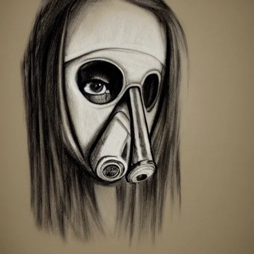 Image similar to Portrait of a woman, long hair, gas mask, pencil sketch, concept art