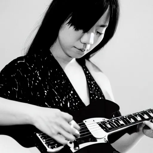 Image similar to a black and white photograph of a female japanese artist playing an electric guitar