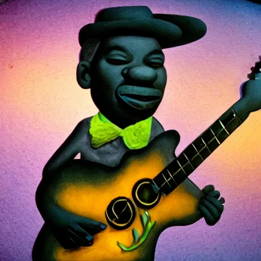 Image similar to a old black man playing guitar, surrealistic detailed claymation art, little candles, foggy