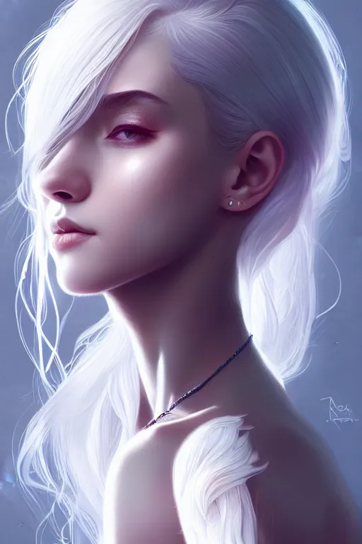 Image similar to teen girl, few speckle skin, tatoo, white hair, gorgeous, amazing, elegant, intricate, highly detailed, digital painting, artstation, concept art, sharp focus, illustration, art by Ross tran and kuvshinov