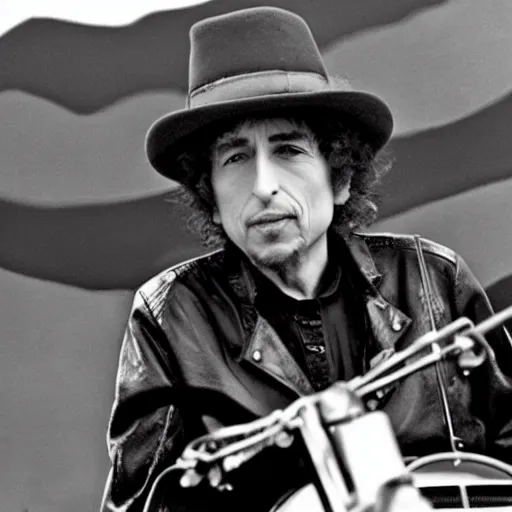 Image similar to bob dylan on a motorbike with his guitar