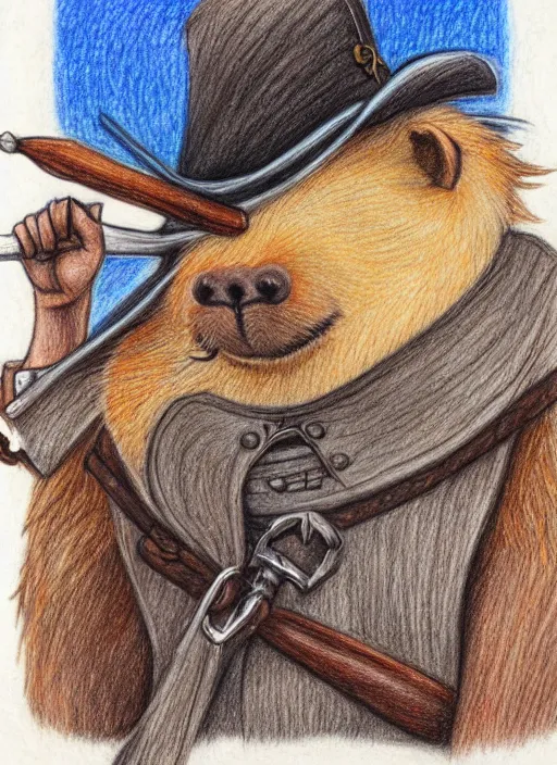 Prompt: detailed colored pencil drawing of a cute anthropomorphic capybara as a pirate