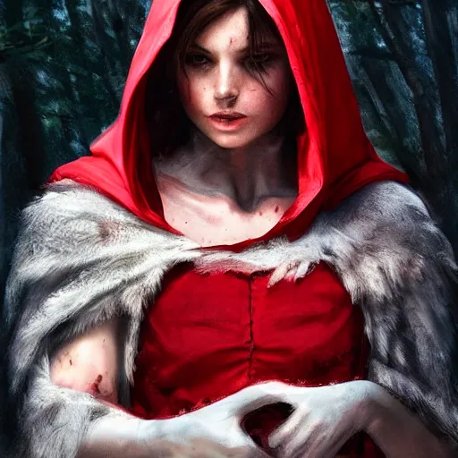 Prompt: digital _ painting _ of _ little red riding silk hood wolf slayer _ by _ filipe _ pagliuso _ and _ justin _ gerard _ unsymmetric _ ballad _ highly _ detailed _ unrealistic _ intricate _ port