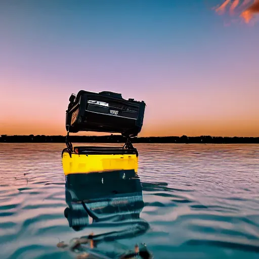 Image similar to 4 k hdr wide angle sony a 7 photo of a shopping cart with a boombox speaker inside half submerged in water in a desert oasis at sunset with neon lighting