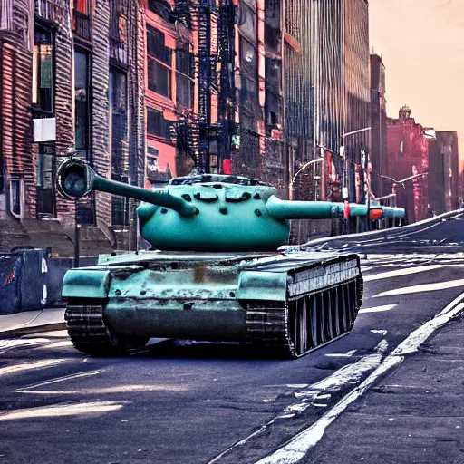 Image similar to tank on the streets of new york city, reflections, award winning photograph, sunset, desolate, atmospheric