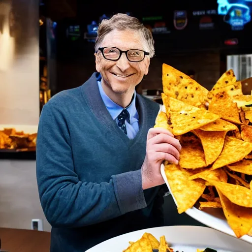 Image similar to bill gates smiling down at a huge plate of cheesy nachos, candid photography