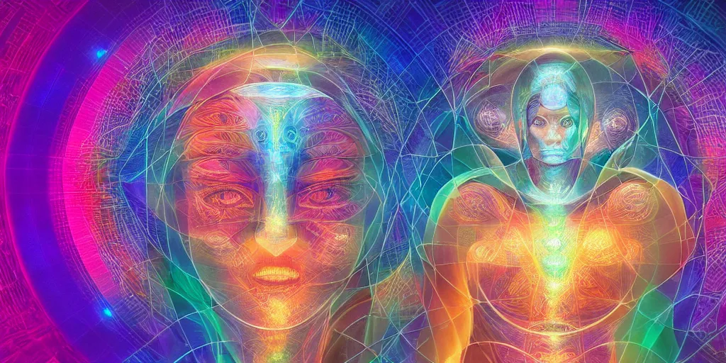 Image similar to transcendence into collaborative intelligence, endless collaboration with ai, connectedness, body, by alex grey, album cover, award winning, beautiful, colorful, volumetric lighting, trending on artstation, cinematic