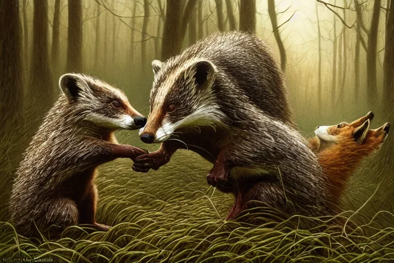 Image similar to photo, badgers and foxes having a fight, woodland location, stefan kostic and david cronenberg, realistic, sharp focus, 8 k high definition, intricate, chiaroscuro, elegant, perfect faces, symmetrical face, extremely detailed, hypnotic eyes, realistic, fantasy art, masterpiece zdzislaw beksinski, artgerm