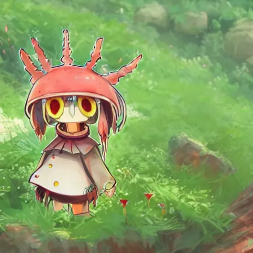 Image similar to cute robot made of plants wearing tomato hat and a chive sword, made in abyss style