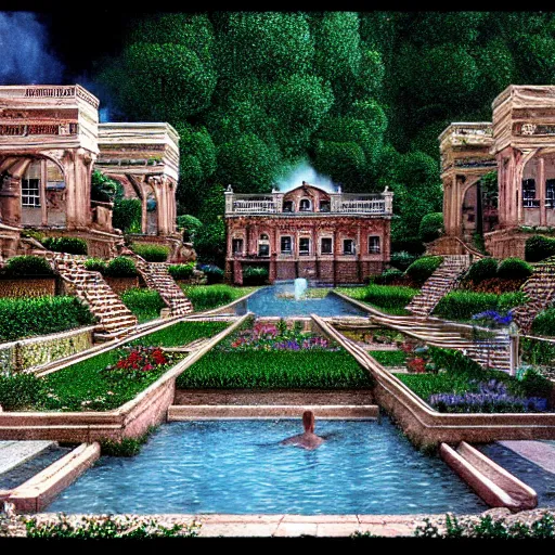 Prompt: hyperrealism photography computer simulation visualisation of detailed old bath in the detailed ukrainian village garden in dramatic scene from movie the big lebowski ( 1 9 9 8 )