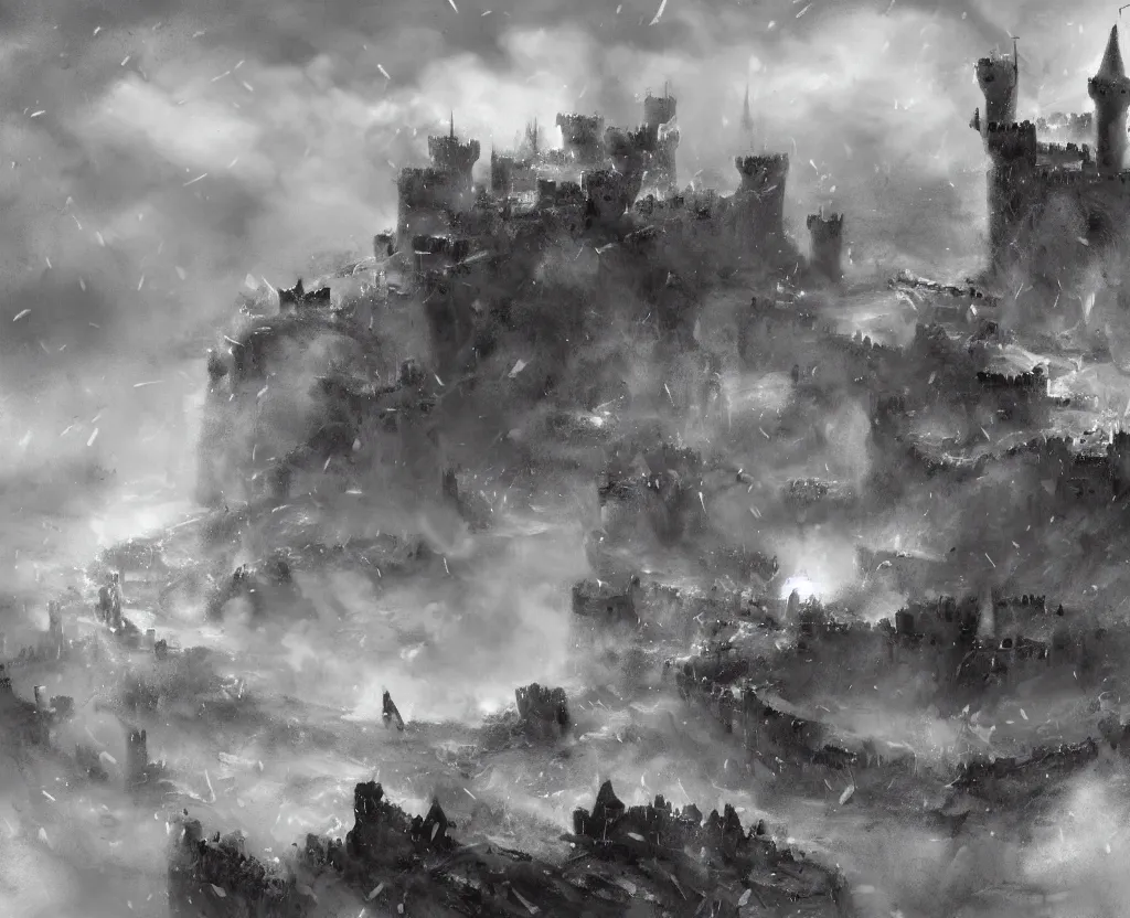 Image similar to Siege of a medieval castle in winter while two great armies face each other fighting below with banners and flags, catapults throw stones at the castle destroying its stone walls, heavy snow storm, fantasy, medieval, fire, explosions and grey smoke here and there, a dragon is sensed flying through the sky half covered by clouds, smoke and fog, trending on Artstation, detailed oil on canvas painting by greg rutkowski and Raoul Vitale