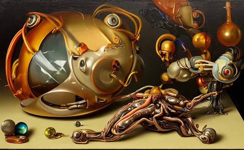 Prompt: strange seductive futuristic robot body, enticing colorful oil painting dutch golden age vanitas alluring still life sparse composition with bulbous objects strange gooey transparent surfaces shiny torrid metal reflections bizarre mutant meat insects rachel ruysch dali todd schorr very detailed perfect composition rule of thirds masterpiece canon 5 0 mm, cinematic lighting, photography, retro, film, kodachrome