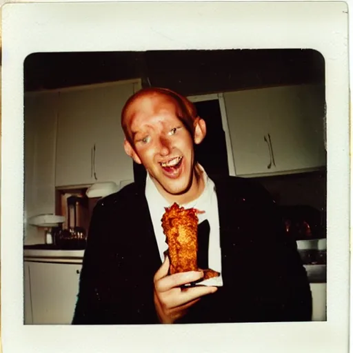 Image similar to polaroid photo of the happiest man in the world eating kfc