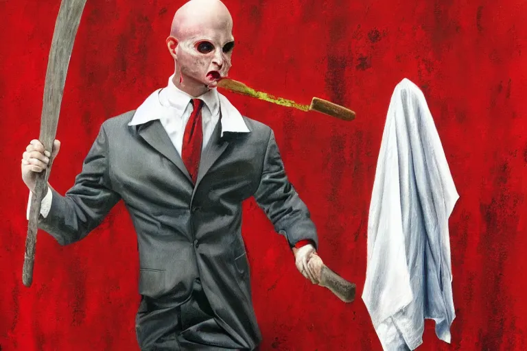 Prompt: Bald Patrick Bateman from American Psycho (2000) swinging an axe in with his hands while wearing a poncho with blood on it, hyperrealism painting, high quality