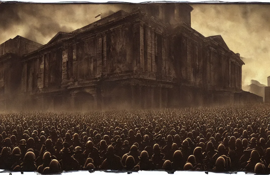 Image similar to the rules of proportion, scale, and perspective are disregarded general harangues the troops intact flawless ambrotype from 4 k criterion collection remastered cinematography gory horror film, ominous lighting, evil theme wow photo realistic postprocessing surviving painting excommunication roger deakins cinematography