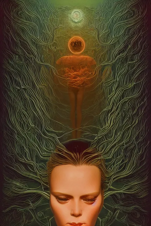 Image similar to poster artwork by Michael Whelan and Tomer Hanuka, Karol Bak of collective neurological consciousness as imagined by Carl Jung, from scene from Twin Peaks, clean, simple illustration, nostalgic, domestic, full of details