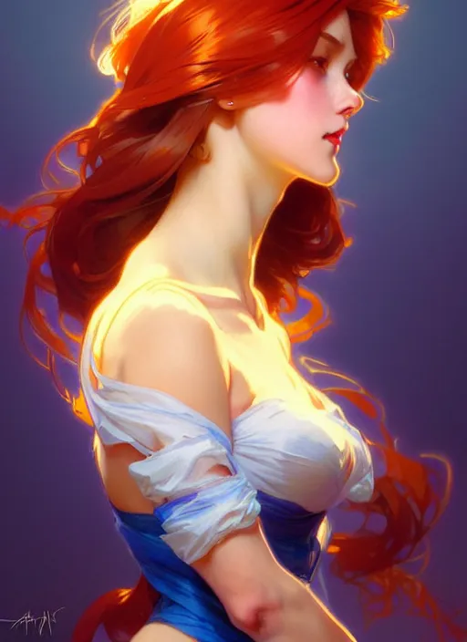 Prompt: digital character concept art by artgerm and greg rutkowski and alphonse mucha. clear portrait of a pin - up young wife, redhead, blue and yellow clothes, light effect. hyper detailed, intricate, elegant, digital painting, artstation, smooth, sharp focus