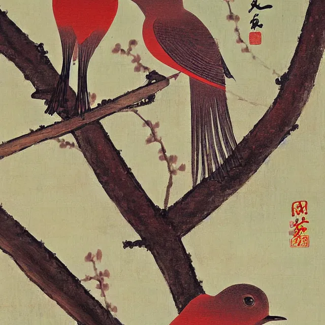 Image similar to a beautiful painting two nightingales kissed on the plum tree, by zhang daqian painting