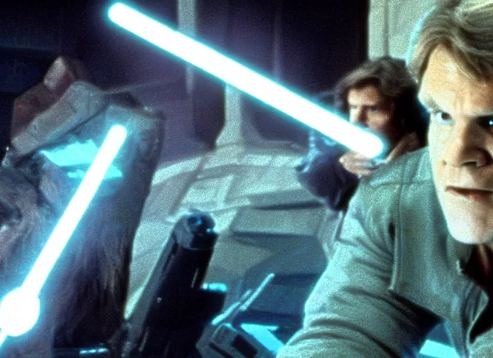 Image similar to screenshot from the lost star wars film, the lost jedi, scene of Han Solo on the millenium falcon, he's talking to a small blue hologram of Luke Skywalker, iconic scene from the 1980s sci fi thriller directed by Stanely Kubrick film, color kodak stock, anamorphic lenses, detailed faces, moody cinematography