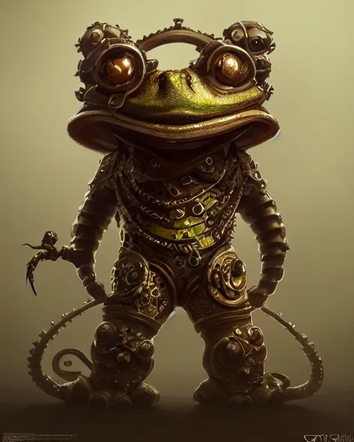 Image similar to a slimy anthropomorphic toad king wearing ornate steampunk armor, smooth, intricate, elegant, digital painting, artstation, steam, grungy steel, concept art, sharp focus, octane render, illustration, art by riot studios, overwatch character,