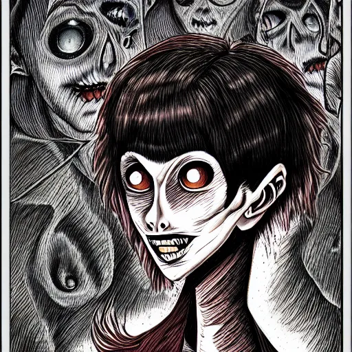 Image similar to a dark brown humanoid, hyper detailed, in the style of junji ito and and junji ito and junji ito, selfie