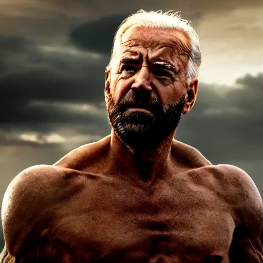 Image similar to epic cinematic film still of joe biden as leonidas in 3 0 0 movie, golden hour lighting, moody sky, 8 k