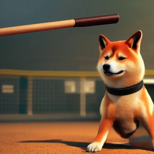 Prompt: shiba inu holding a baseball bat on his hand, cinematic lightning, 4 k, ultra detailed, trending on artstation, masterpiece, digital art.