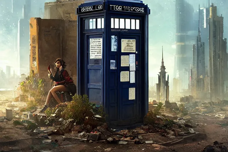 Prompt: photograph of a single tardis sat on the streets of a cyberpunk abandoned city, by greg rutkowski, by stanley artgerm, by alphonse mucha