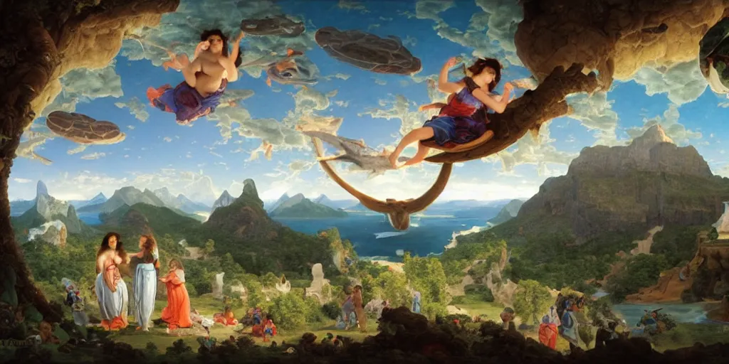 Prompt: The Great Turtle Island at the center of the Universe holding up the sky, Encircled by Mystical Interstellar Nether Worlds, Magic Fairyland, Going to the Sun Highway Glacier Park, Michael Cheval, François Boucher, William-Adolphe Bouguereau, Oil Painting, unreal 5, DAZ, hyperrealistic, octane render, Regal, Refined, Detailed Digital Art, RPG portrait, Anton Fadeev, Walt Disney (1937), Steampunk, Volumetric Golden dappled dynamic lighting, Highly Detailed, Cinematic Lighting, Unreal Engine, 8k, HD