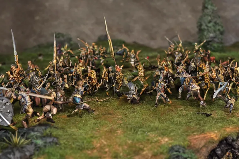 Image similar to photo taken of an epic intricate, ultra detailed miniature modular, battlefield diorama created by weta workshop, zoomed in shots focussing an army of high elves battling a horde of orcs, with highly detailed exquisitely painted 3 d printed characters, cinematic wide shot, photorealistic, sharp focus, f 0. 4, golden ratio, golden hour