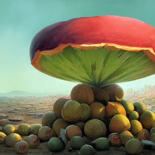 Prompt: melons conquer earth, salman toor, atmospheric effect, cinematic light