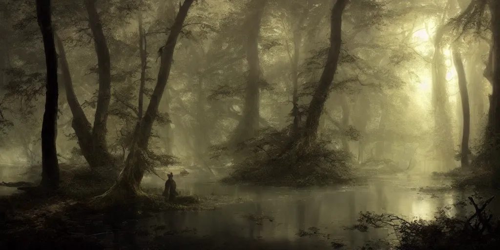 Image similar to [ a dark scene of a dense forest at dawn with a gentle stream through it, sunlight through trees, volumetric light and mist, fog, a dead fallen tree lays in the water, a sense of mystery ], andreas achenbach, artgerm, mikko lagerstedt, zack snyder, tokujin yoshioka